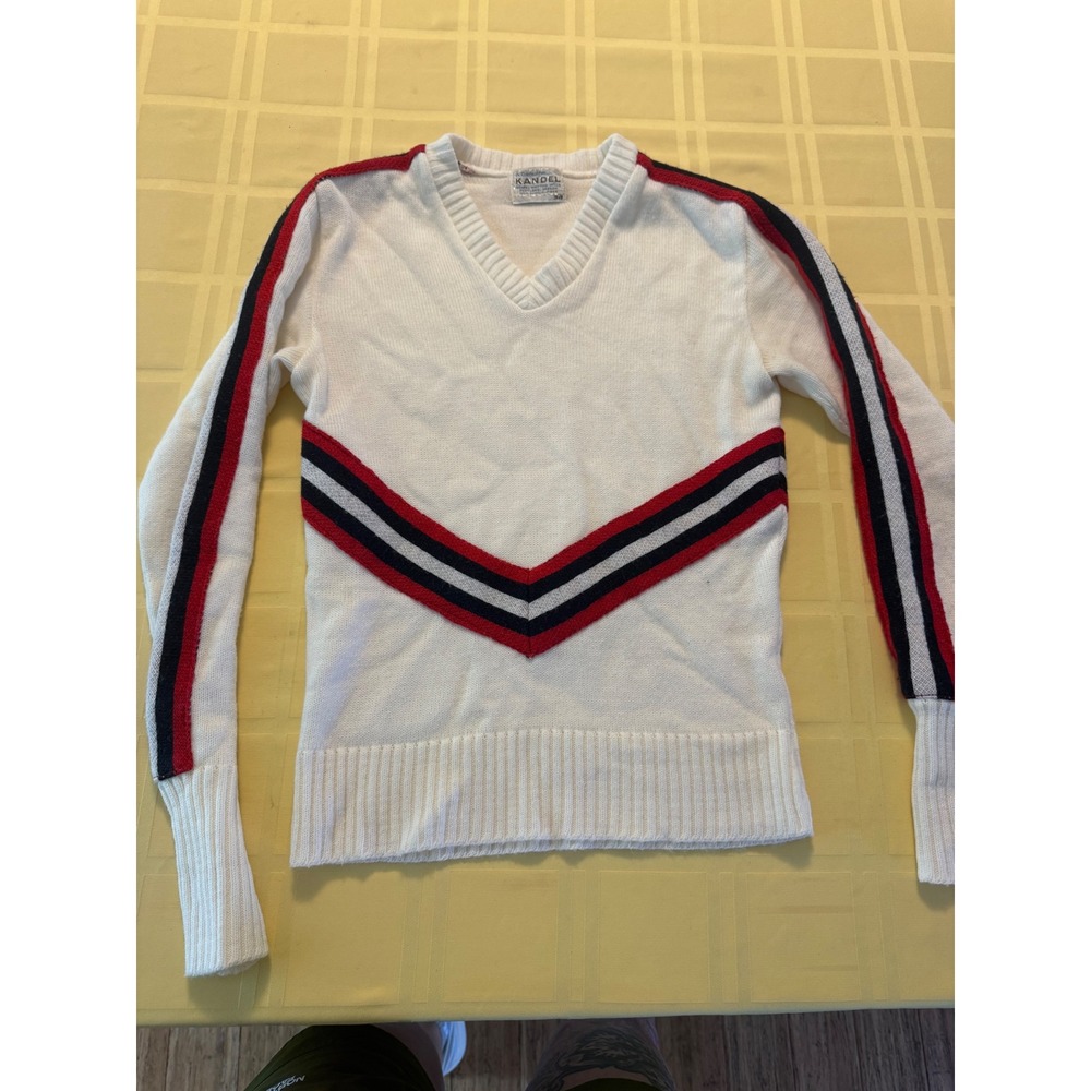 Vintage Kandel Knitting Mills V-Neck Sweater White Red Blue Stripe Size 34 XS